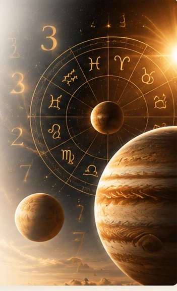 Planets and golden astrology wheel